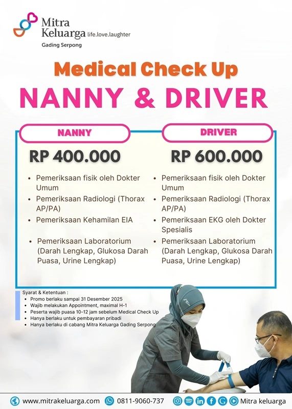 Paket Medical Check Up Nanny & Driver di Mitra Keluarga Gading Serpong, hanya Rp400 Ribu!